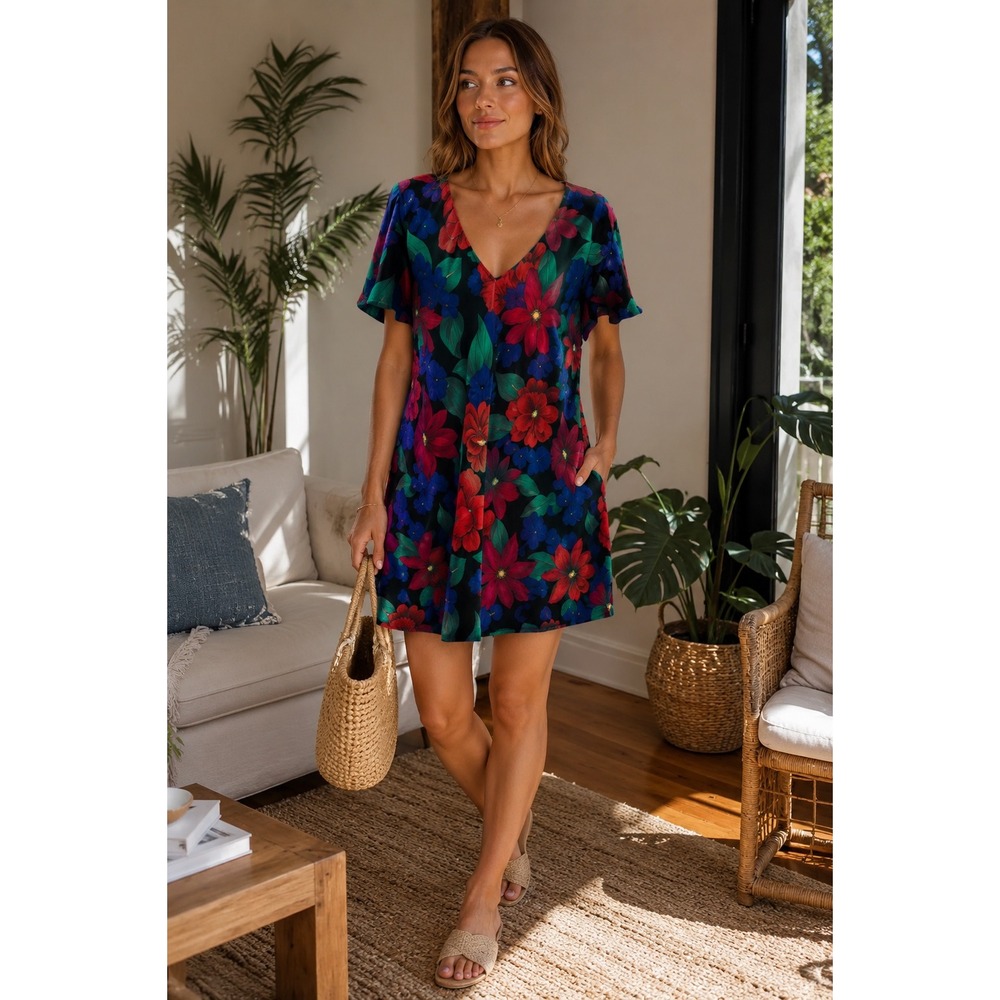 Barbizon Vintage Floral V-Neck Mini Dress Satiny‎ Short Sleeve Large